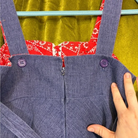 Vintage 1970s Blue & Red Handkerchief Print Lace Up Mini Dress. Size XS - Picture 2 of 8